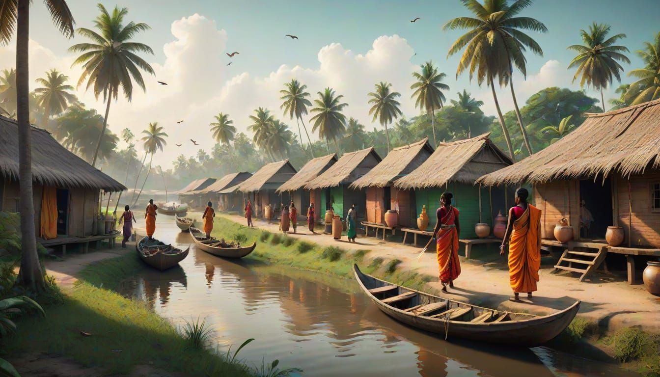 Bengali Village Life in Embroidered Style, 8K