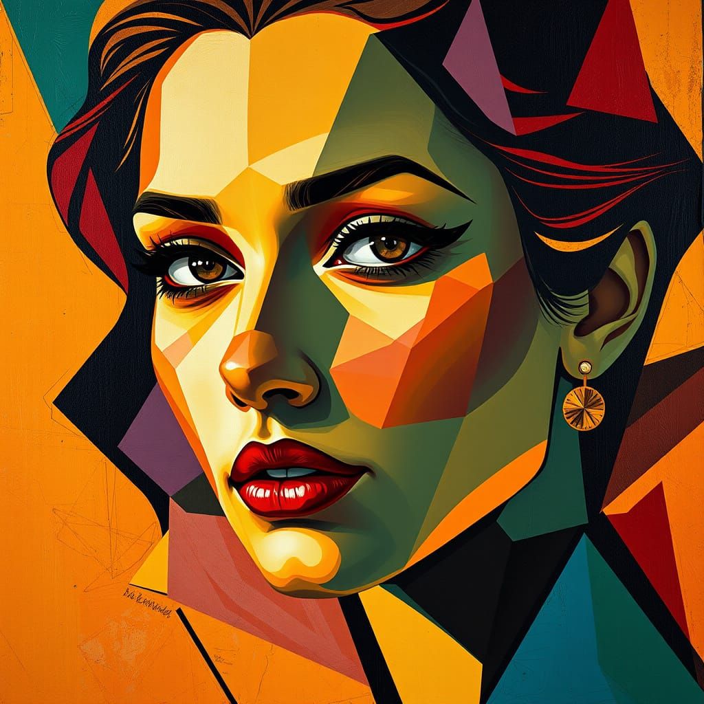 Cubist Portrait of a Beautiful Woman in Art Deco Style