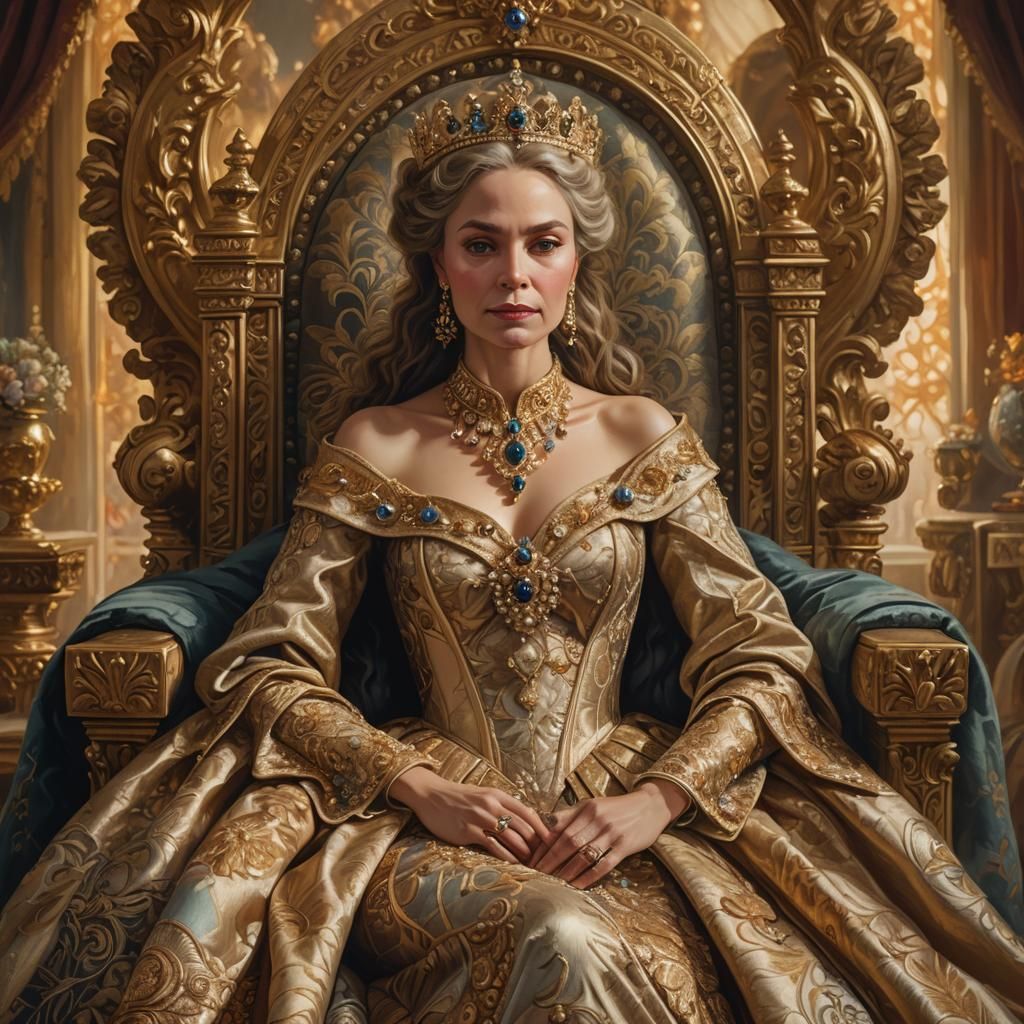 Opulent Queen on Throne in Regal Oil Painting