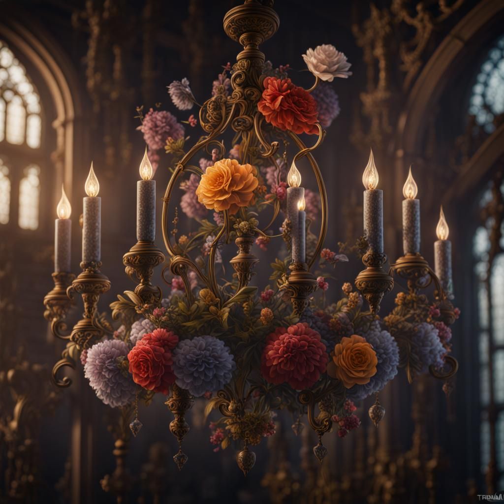 Flowers on Antique Chandelier: Detailed Matte Painting