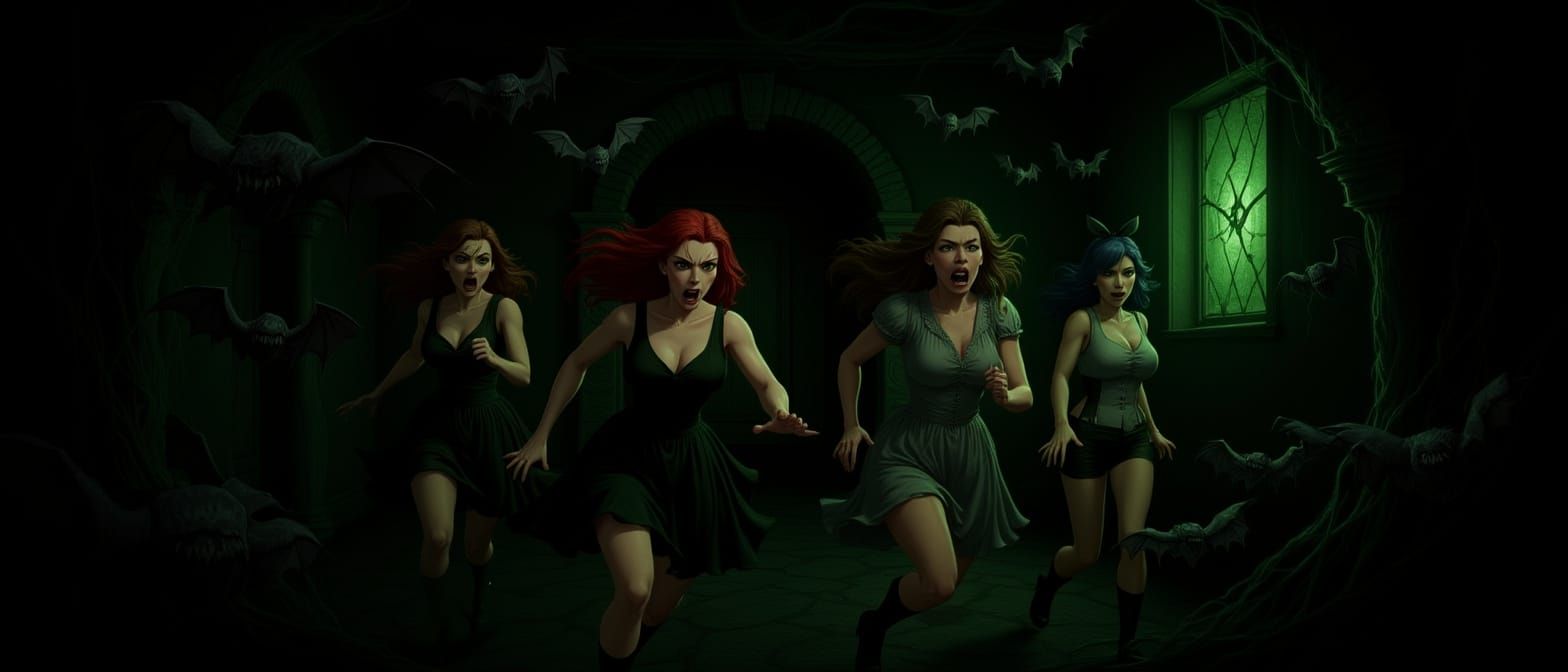 Gothic Horror Illustration: Women Flee Bats in Haunted Mansi...