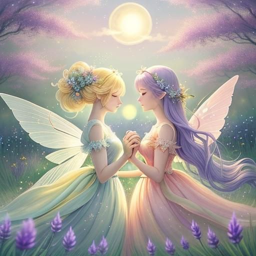 Moon and Sun Fairies Dancing in Meadow