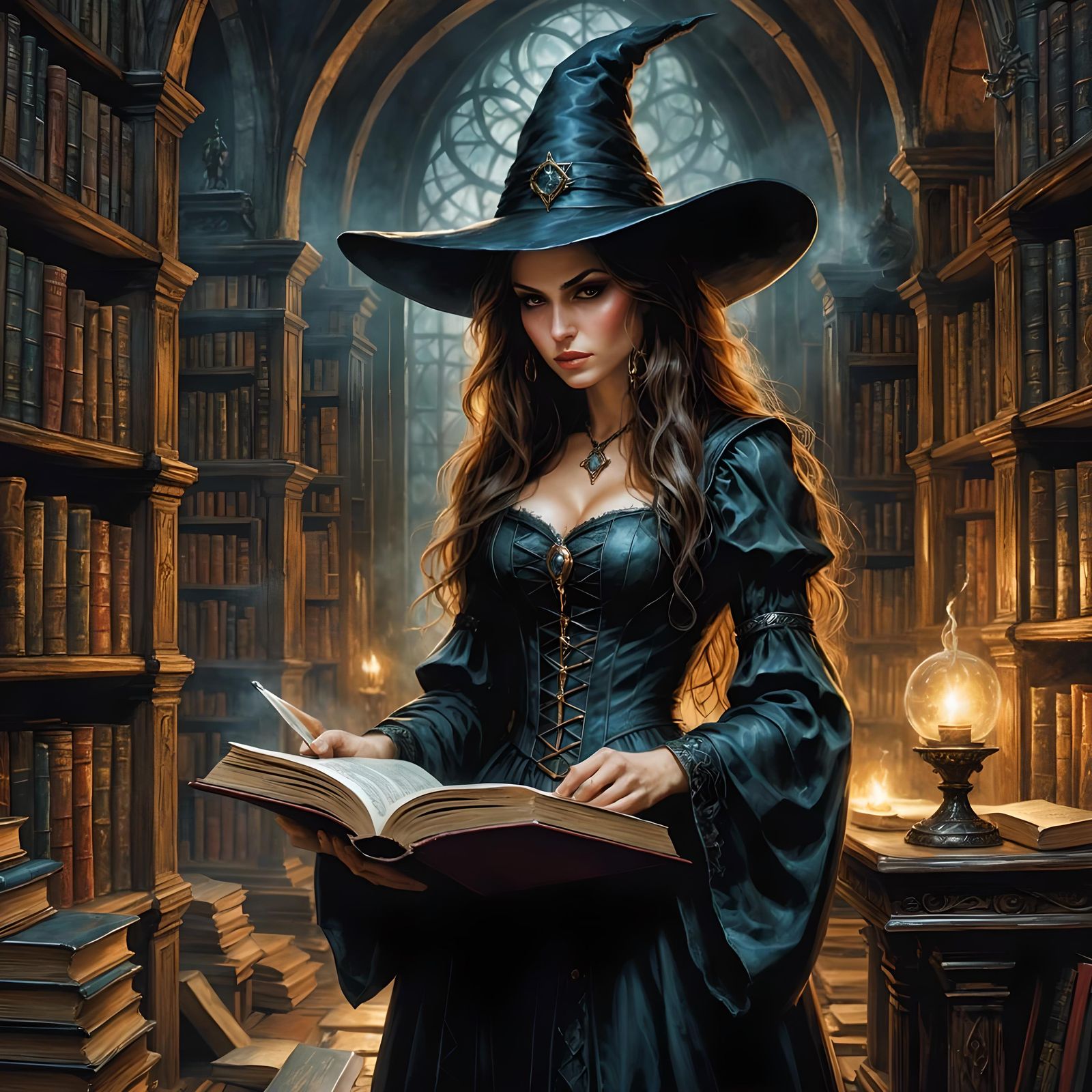 Mysterious Witch Reading Magic Tome in Library