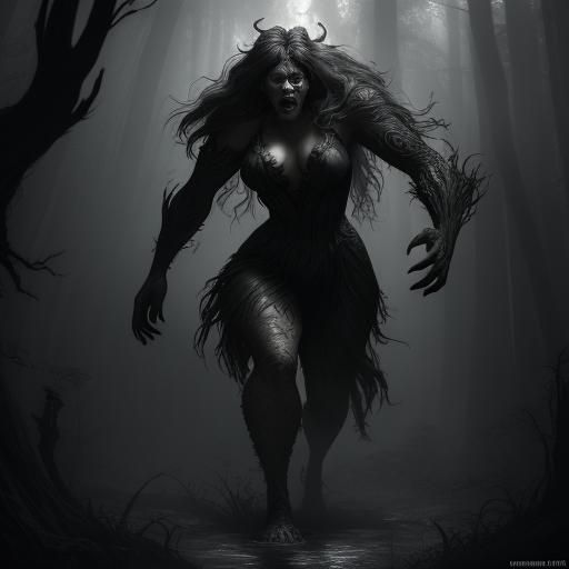 Frightened Woman in Misty Woods, Black and White Art