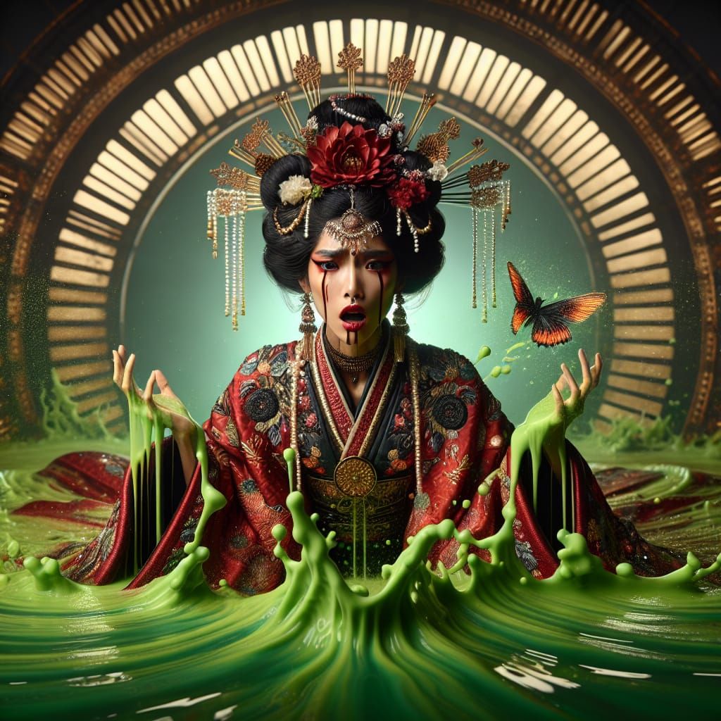 Surreal Vedic Geisha Descends into Green Slime in Abandoned...