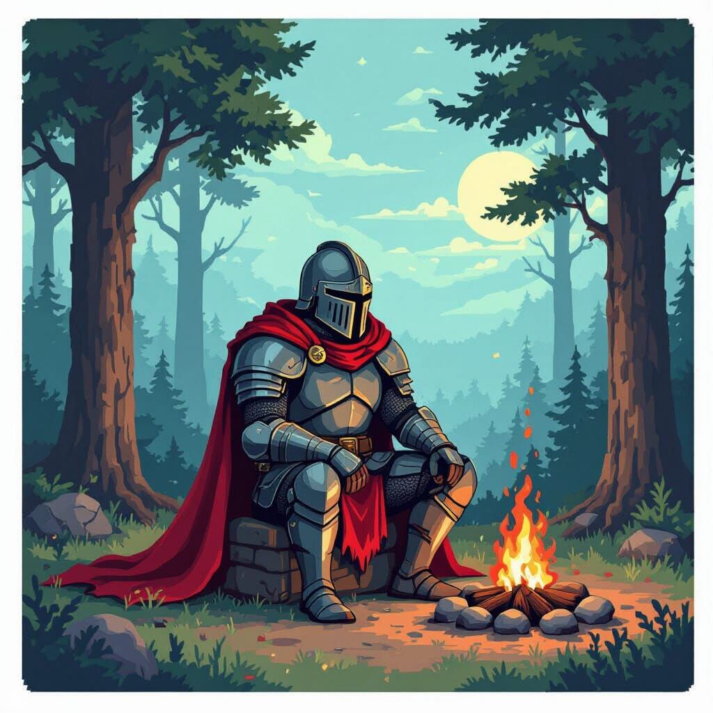 Pixel Art Warrior Campfire Scene with Red Cape