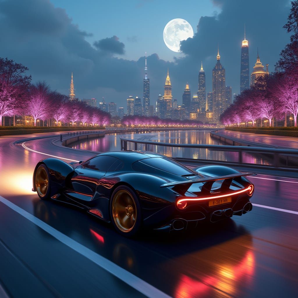 Futuristic Black Sports Car Drifting on Glowing Road