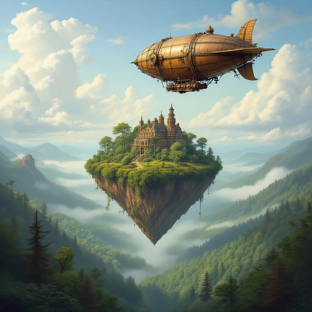Victorian Zeppelin Observes Floating Steampunk Island