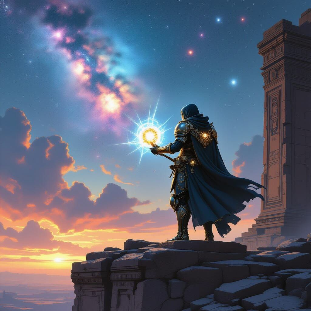Steampunk Warrior Overlooking Nebula in Ancient Ruins