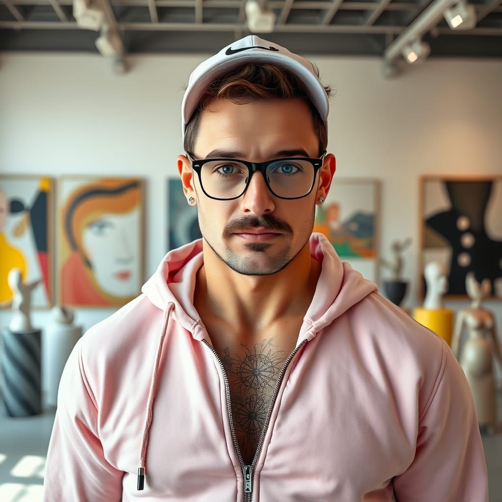 Confident Man in Art Gallery, Hyperrealistic Style