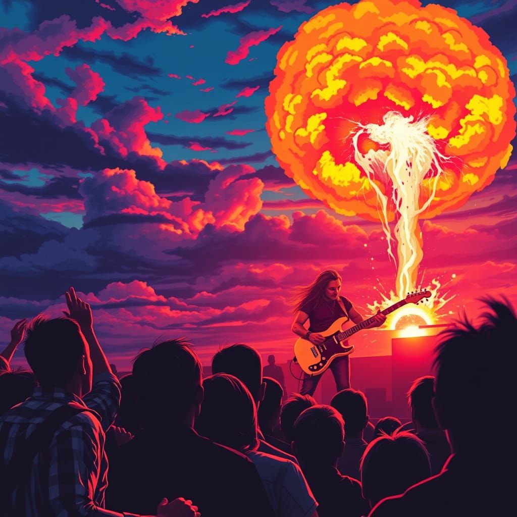 Rock Band Performs at Dawn in Energetic Hard Rock Poster Sty...