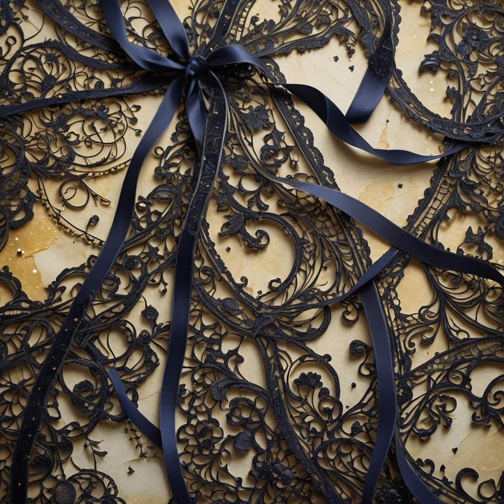 Black French Lace Ribbons on Old Paper
