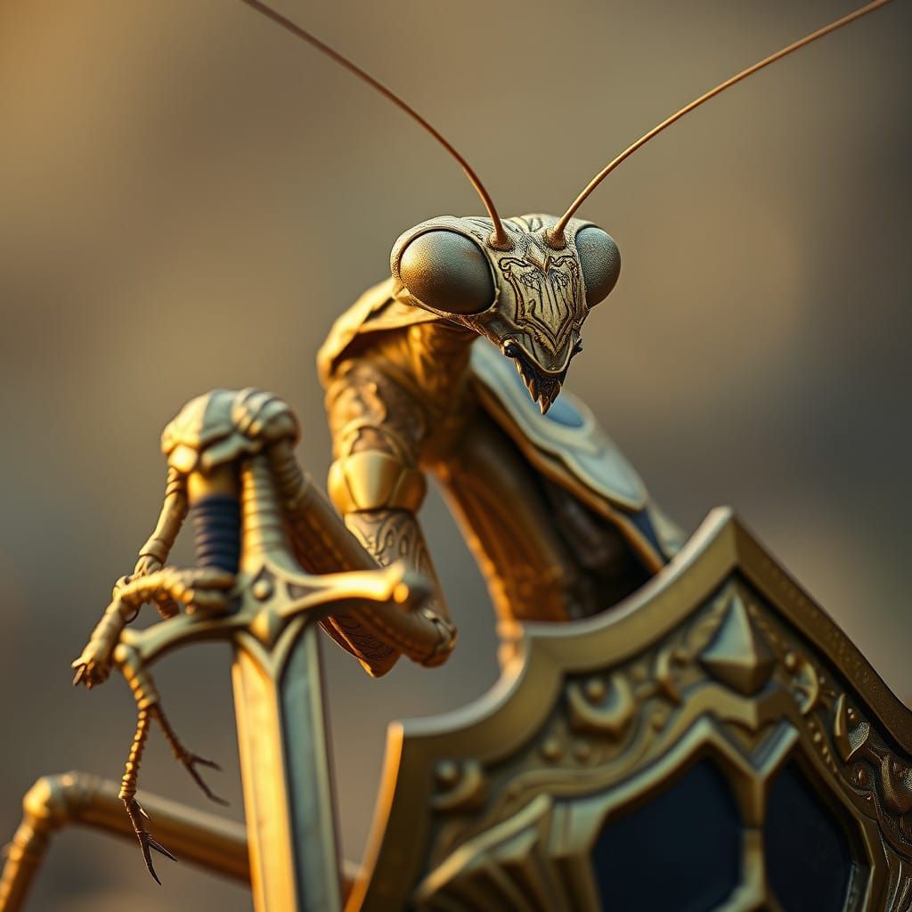 Majestic Golden Mantis Warrior in Battle Ready