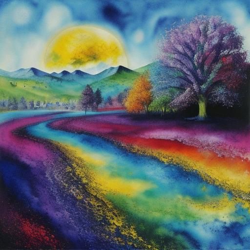 Surreal Fractal Watercolor Landscape with Golden Outlines