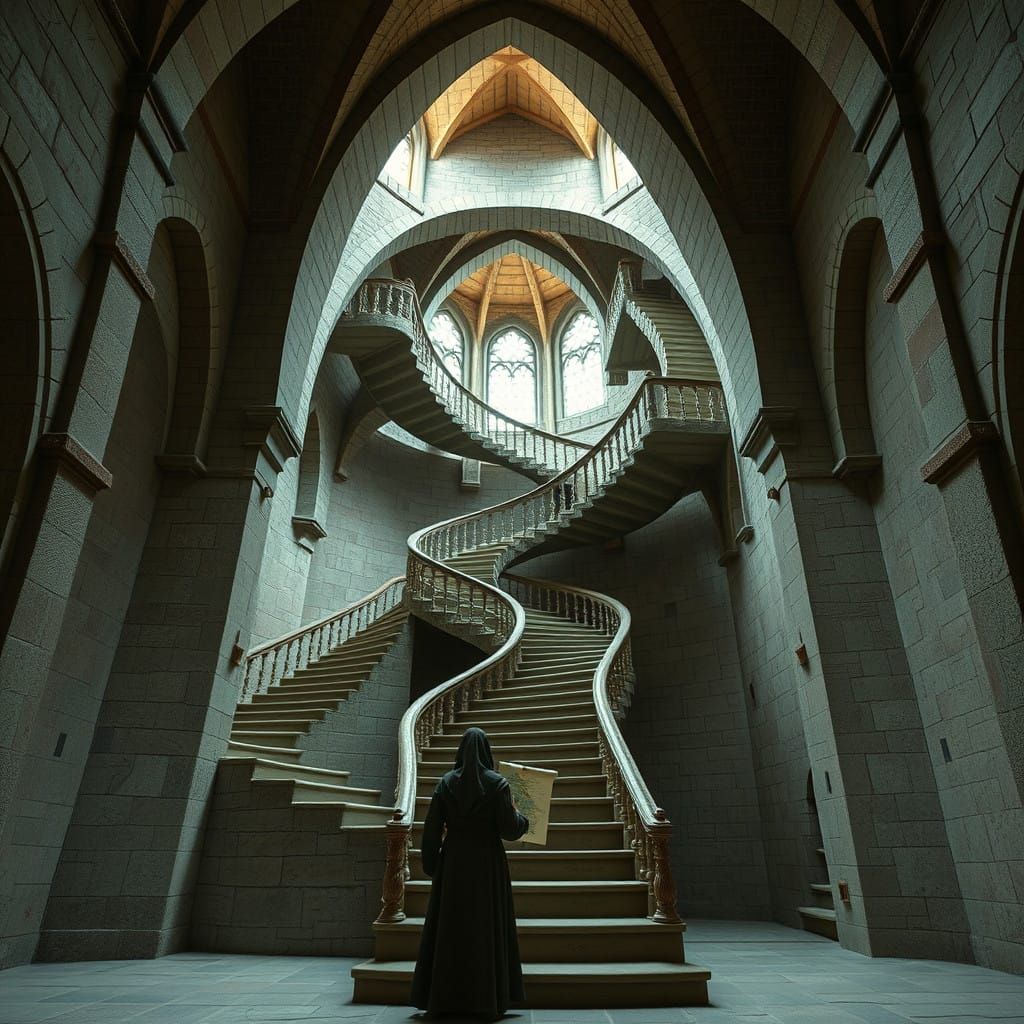 Escher-Inspired Medieval Cathedral with Penrose Stairs