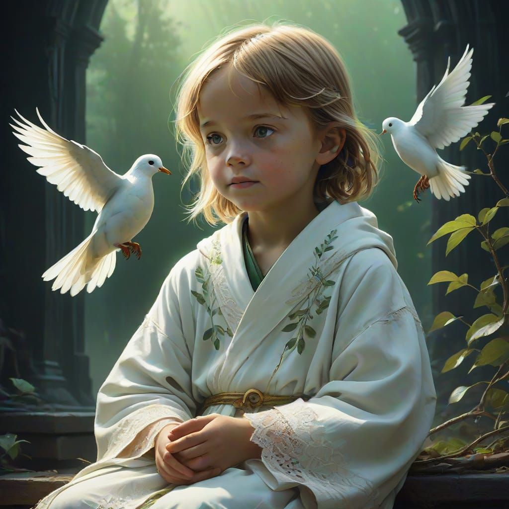Serene Child Receives Olive Branch from Peace Dove in Gentle...