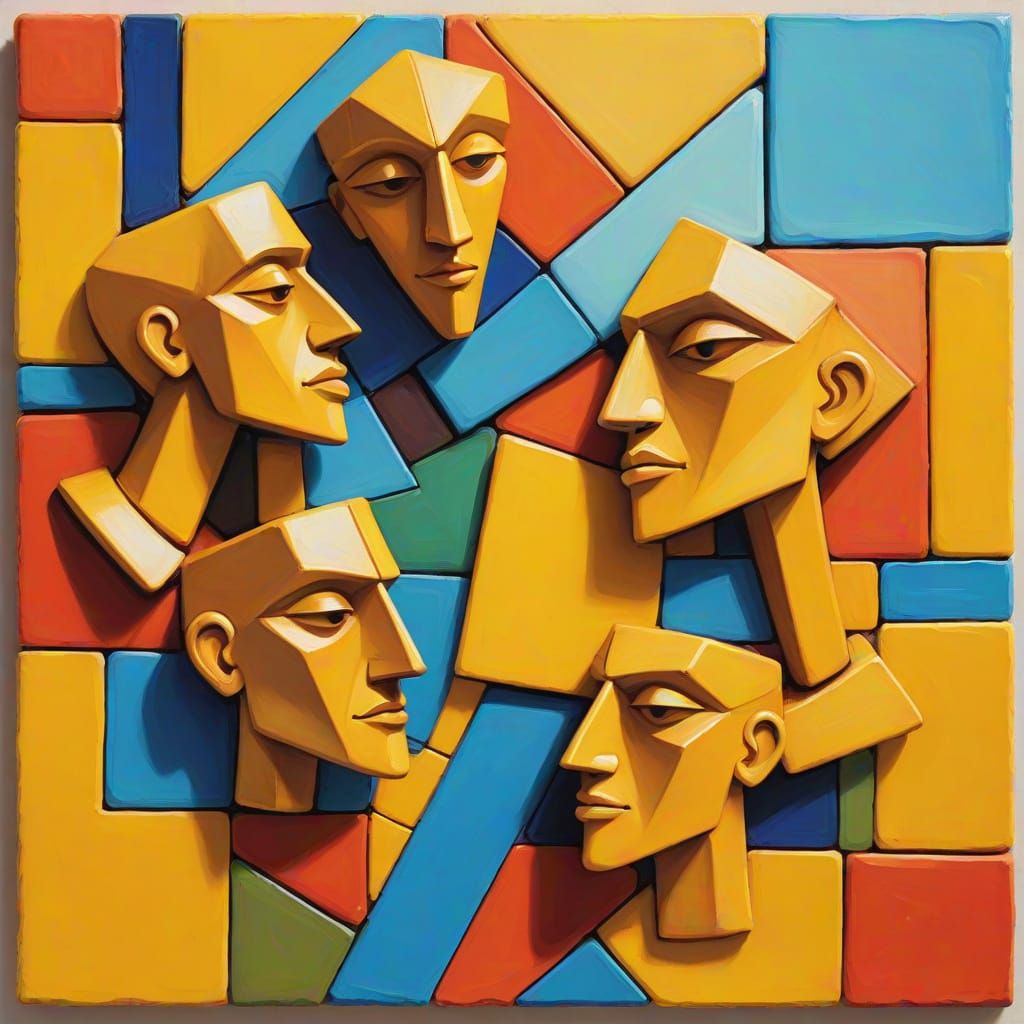 Cubist Clay Figures on Geometric Tiles in Art Deco Style
