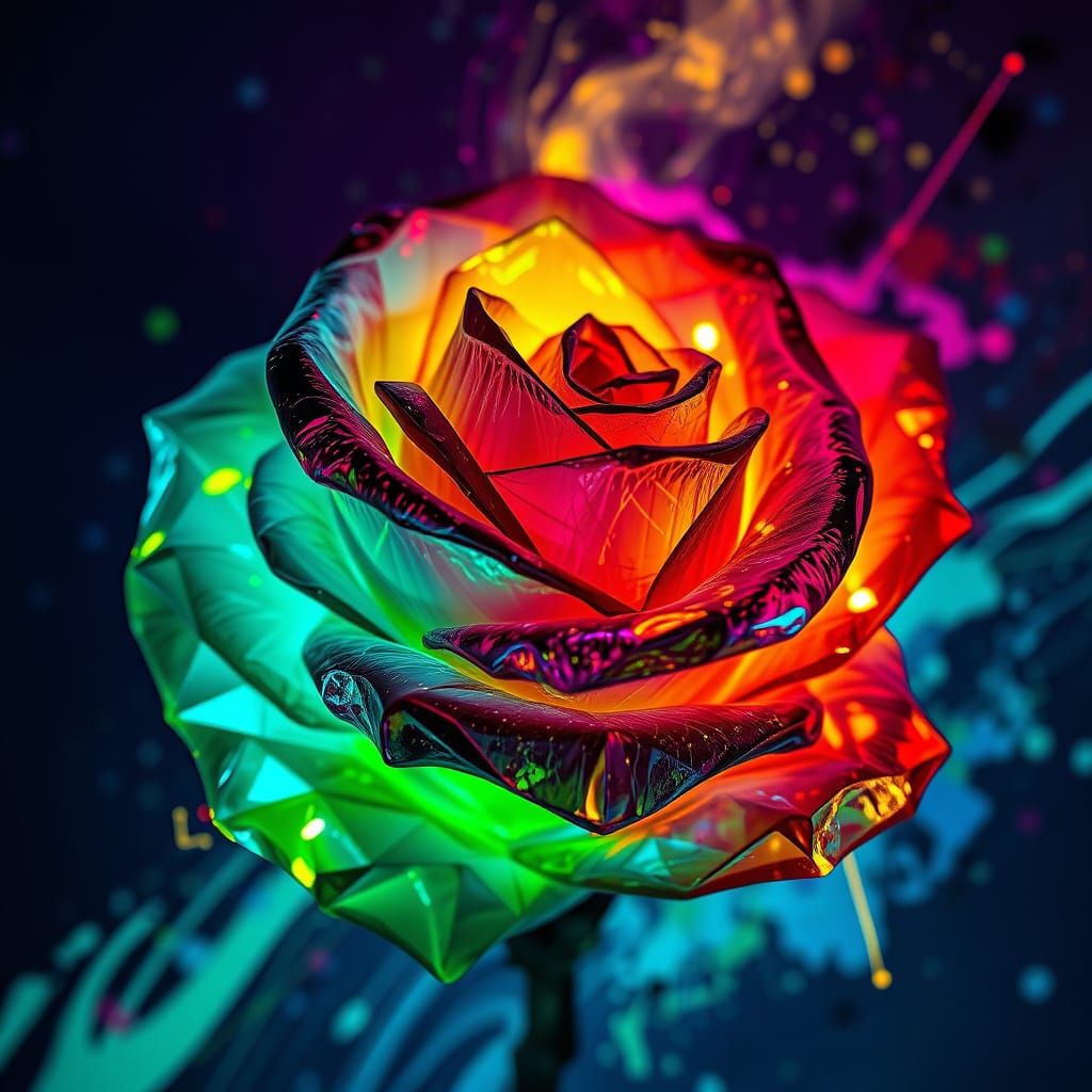 A transparent lit from within bioluminescence crystal rose