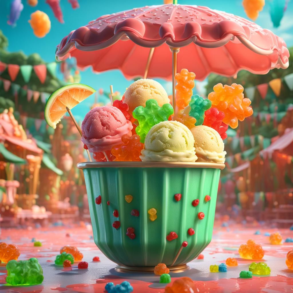 Melon Ice Cream Fantasy: Gummy Bears and Umbrellas