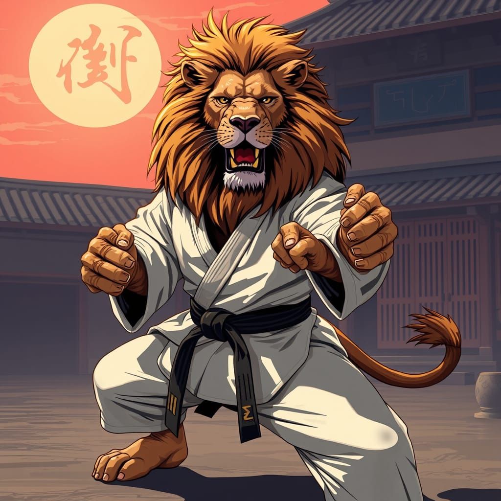 Lion Master in Karate Stance, Stylized Realism