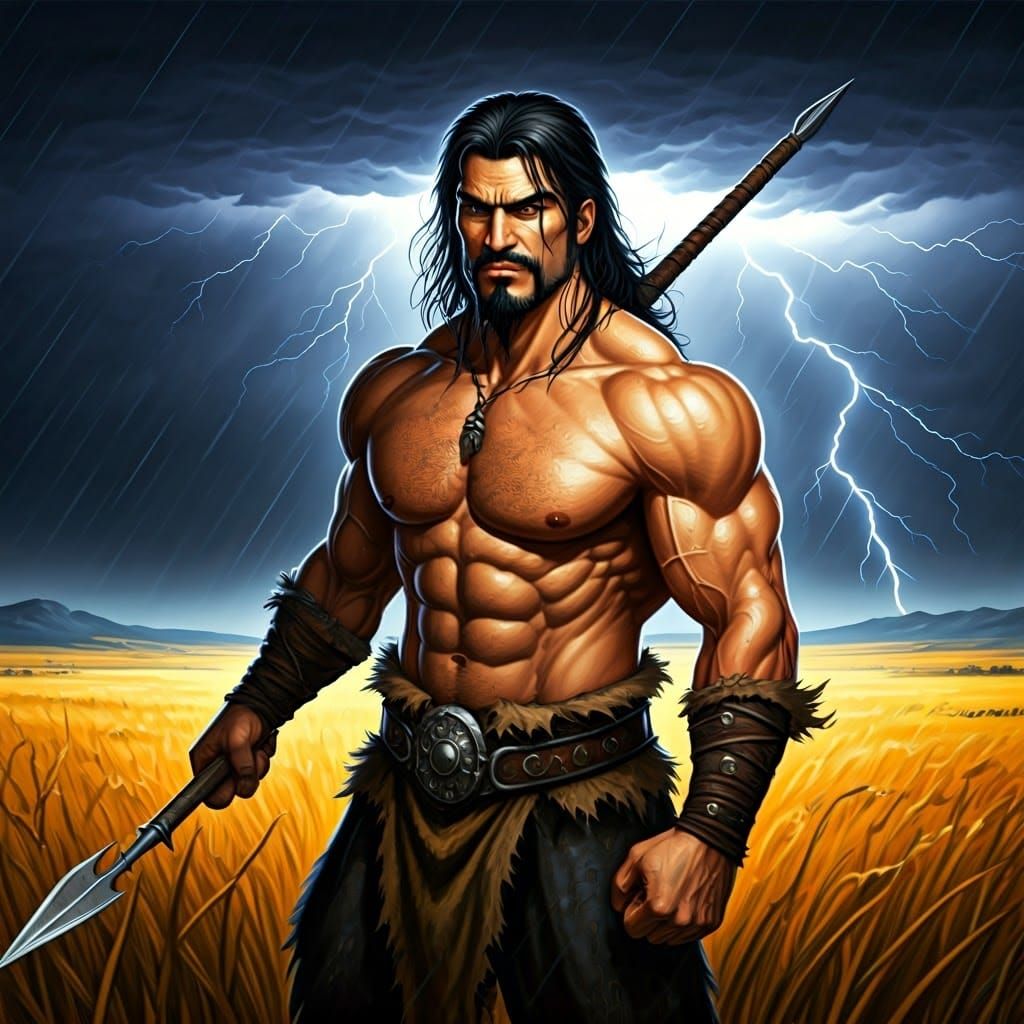 Heroic Warrior Poses in Lightning-Struck Field