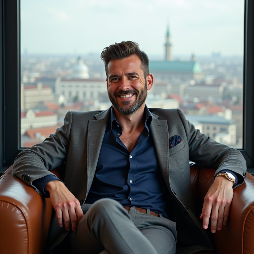 Charming Man in Dark Suit, City View Portrait