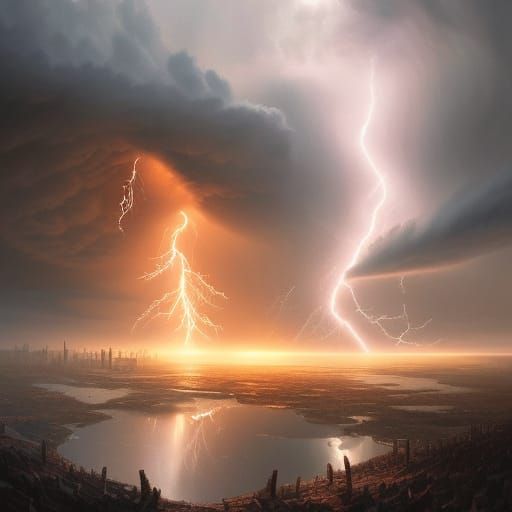 Dramatic Supercell Thunderstorm with Tornado and Lightning