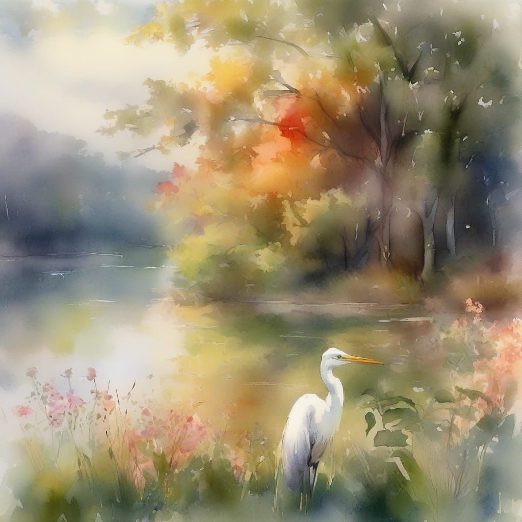 Watercolor Egret in Serene Valley Lake Landscape