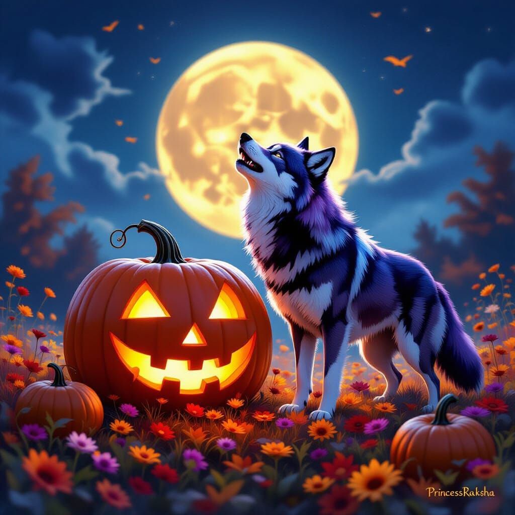 Purple Wolf Howls at Glowing Pumpkin in Autumn Fantasy