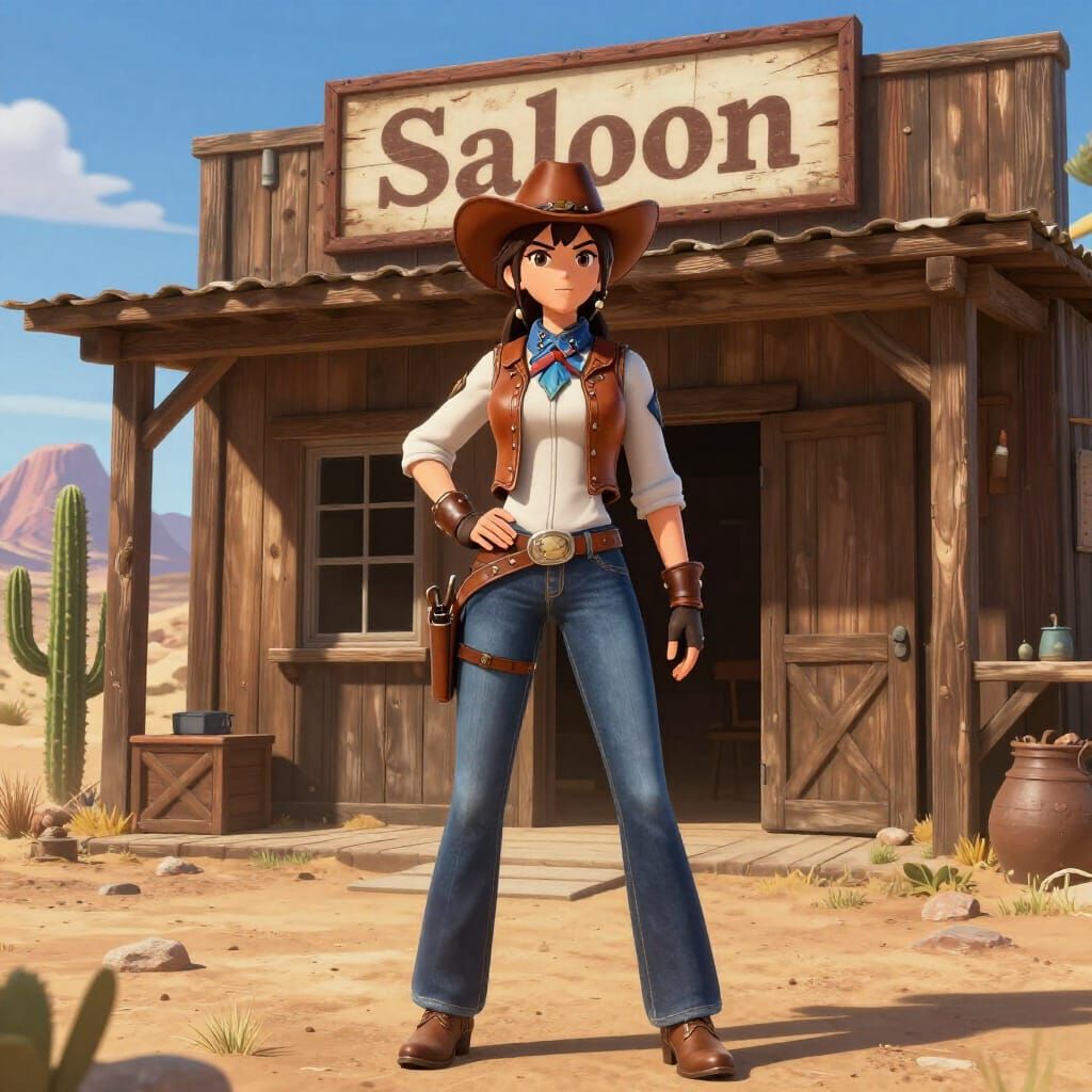 Cowgirl in Anime Style at Desert Saloon