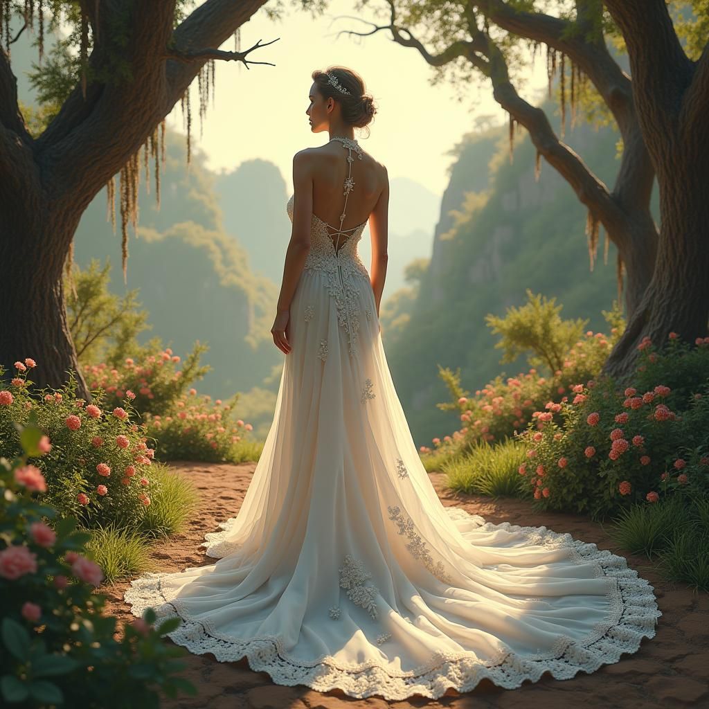 Fantasy Bride in Flowing White Wedding Dress
