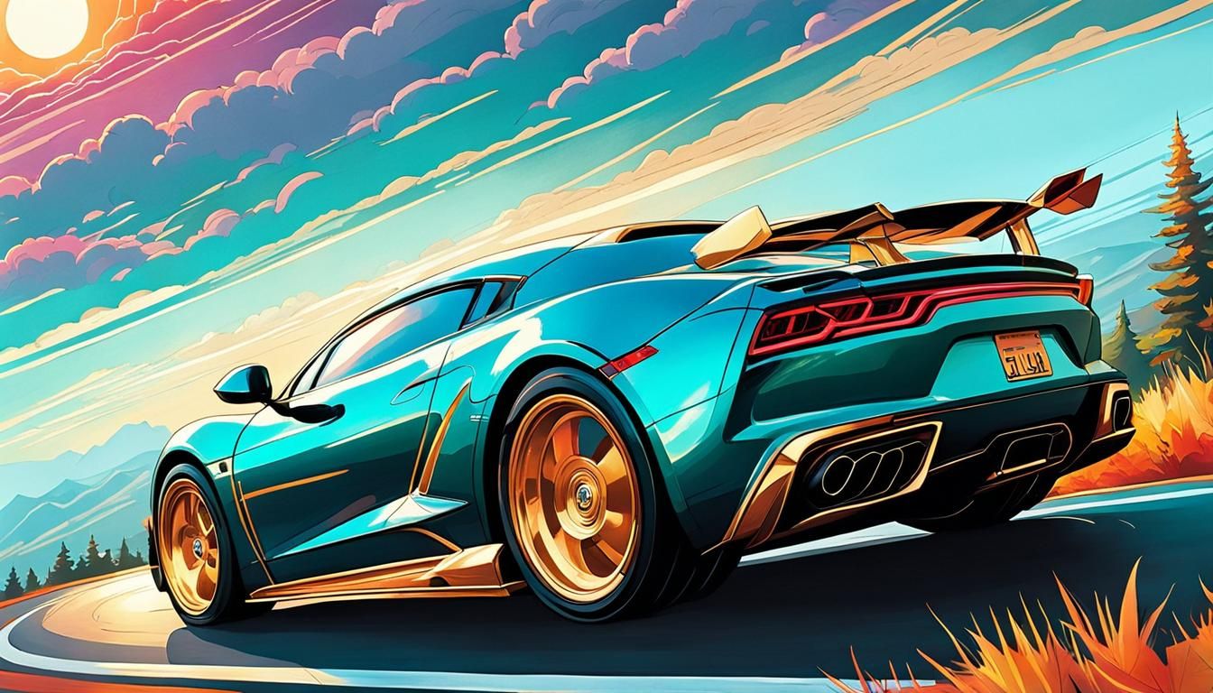 Gold Sports Car at Sunset in Comic Book Style