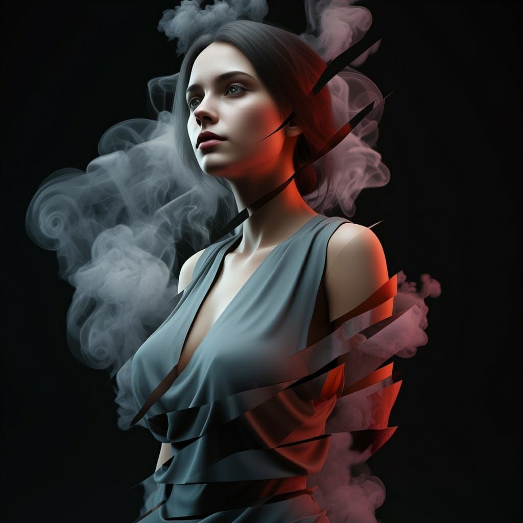 A cubist depiction of a woman's smoke sculpture