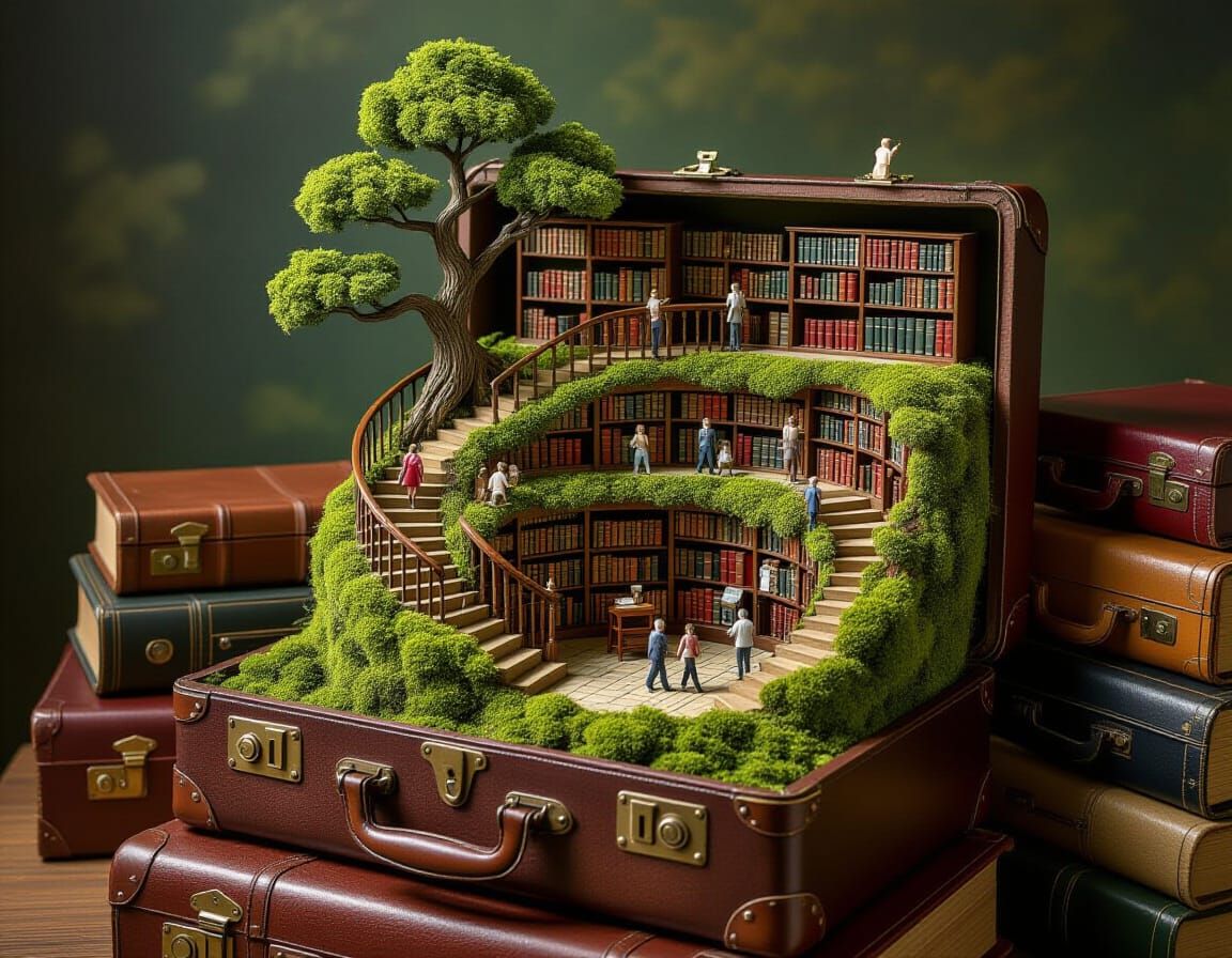 Surreal Miniature Library in Suitcase