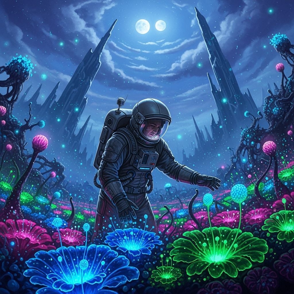 Astronaut and Bioluminescent Garden on Alien Planet
