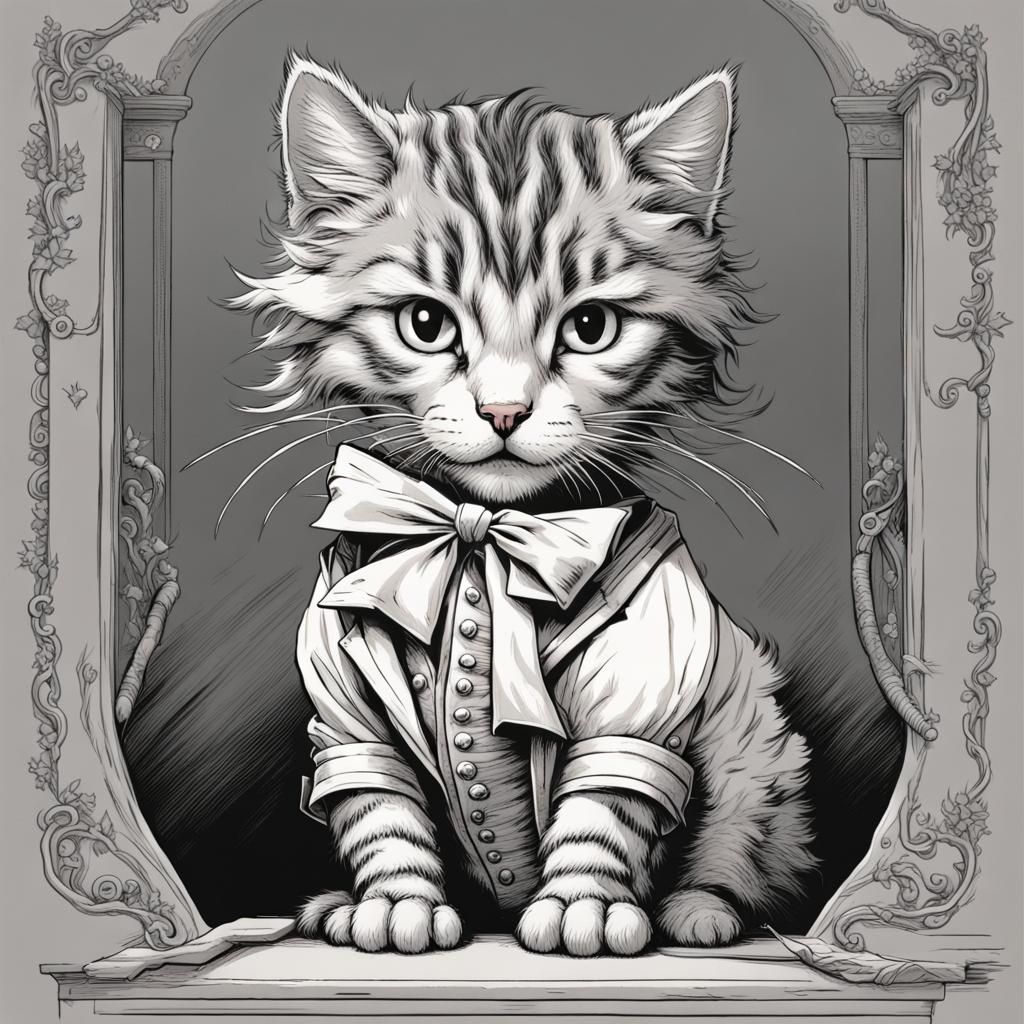Kitten as Beethoven in Tenniel Style Drawing