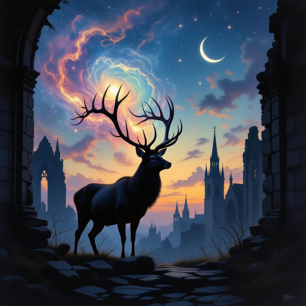 Majestic Deer in Gothic Ruins with Celestial Antlers