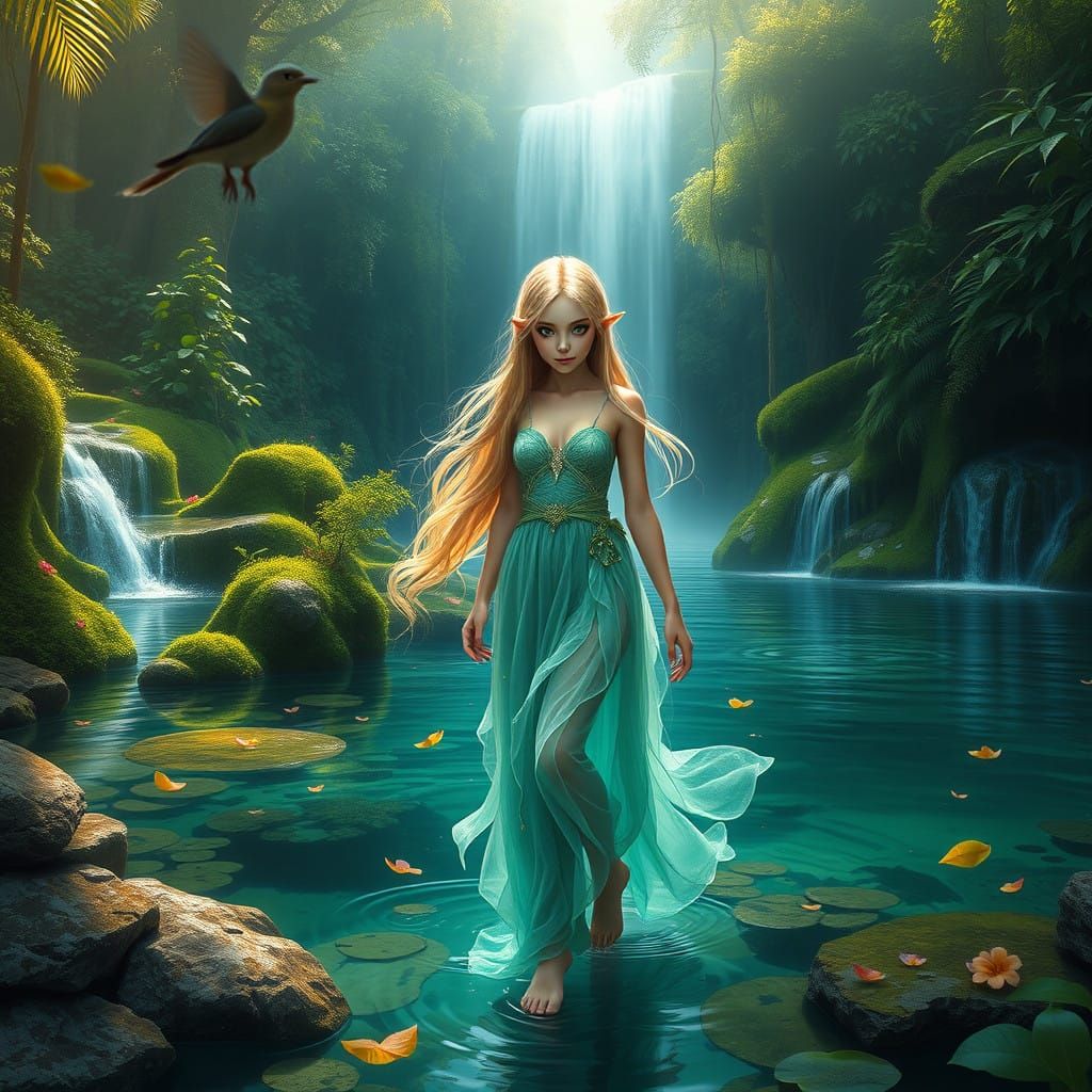Ethereal Water Nymph in Iridescent Gown, Lush Forest Scene,...
