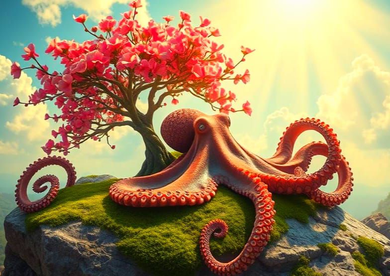 Realistic Octopus on a Rock Near a Blooming Tree