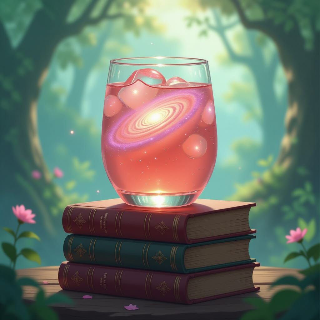 Giant Galaxy Lemonade Glass on Ancient Books in Fantasy Fore...