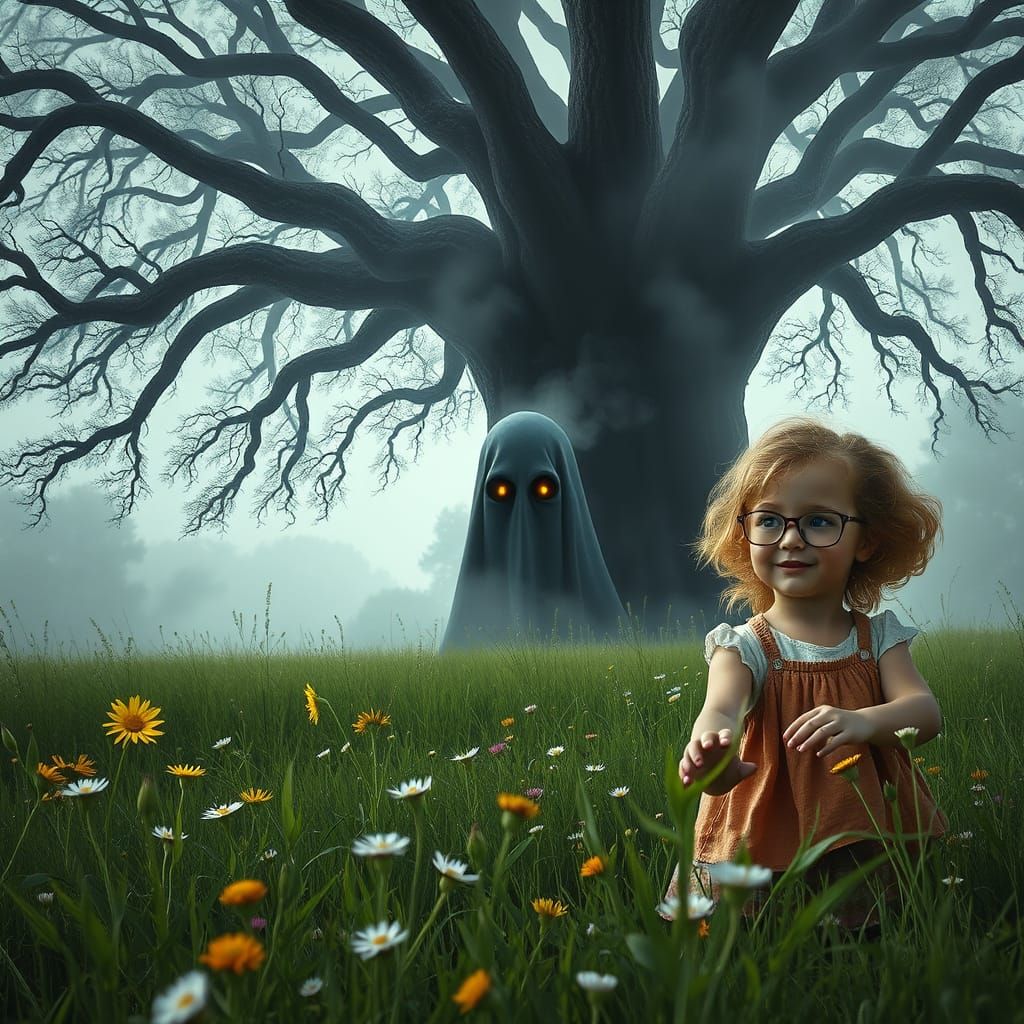 Mysterious Encounter in a Whimsical Meadow