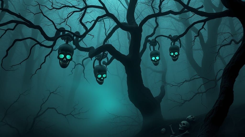 Twisted Skeletons Dangle from Trees in a Haunting Eerie Fore...