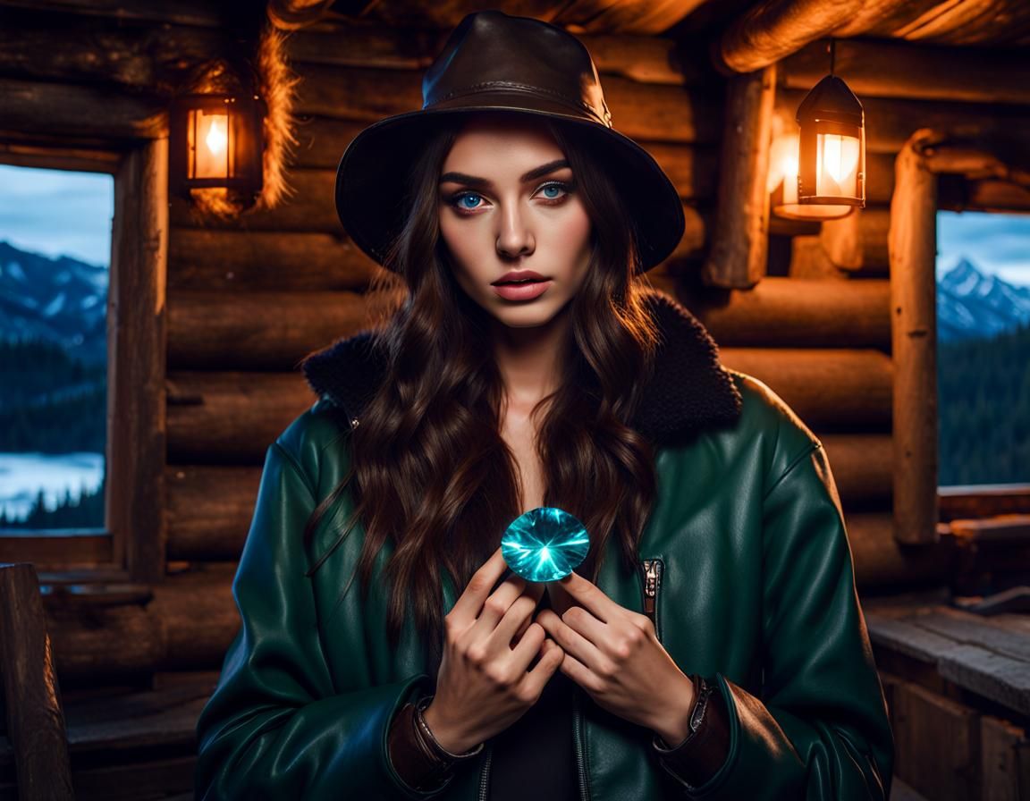 Girl with Glowing Jewel in Rustic Cabin