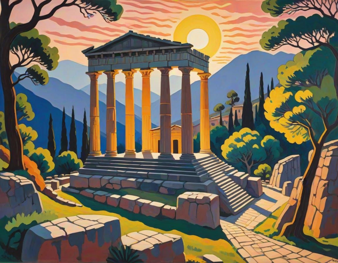 Matisse-Inspired Temple at Delphi under Golden Hour