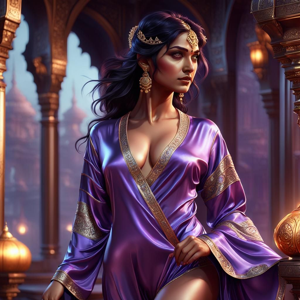 Curvy Indian Beauty in Satin Pajamas, Detailed Digital Art