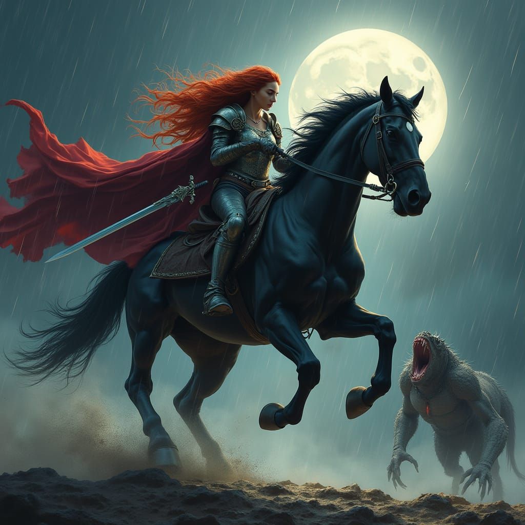 Fierce Princess on Horseback in Storm, Digital Painting