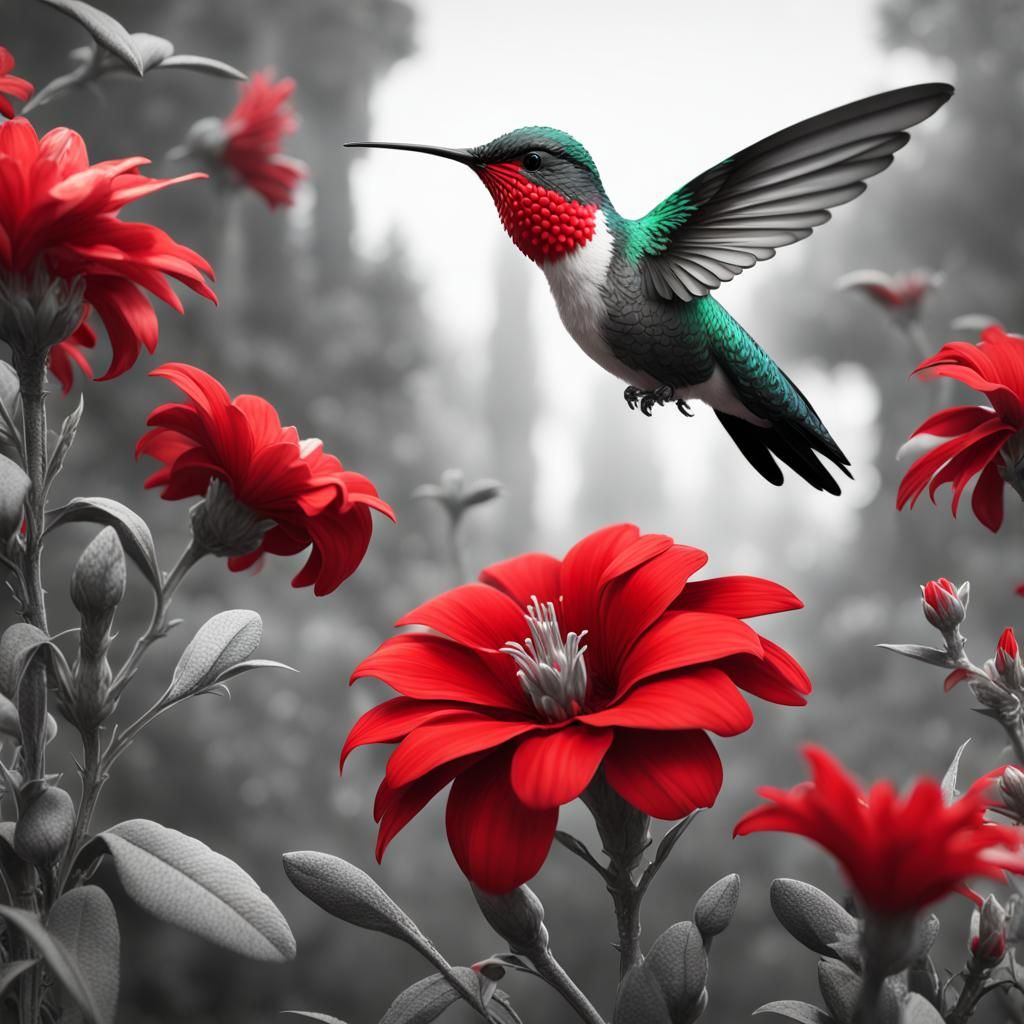 Hummingbird in Grayscale Garden: Detailed Matte Painting