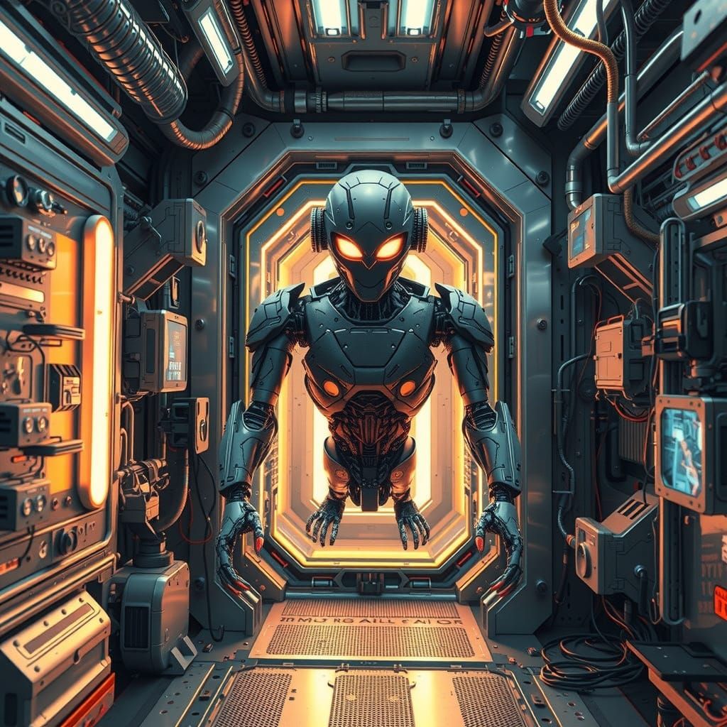 Woman in Metallic Exosuit in Cyberpunk Style