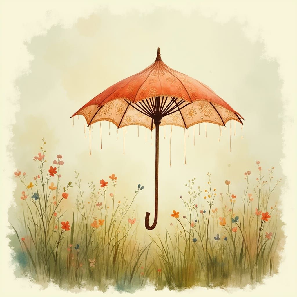 Whimsical Springtime Scene with Impressionistic Umbrella