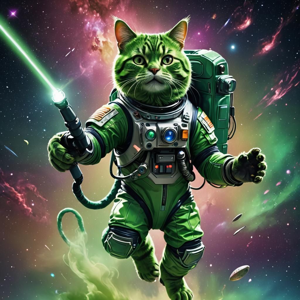 Green Cat Astronaut in Space: Hyperrealistic Digital Art